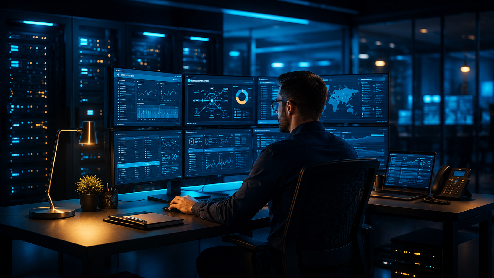 IT professional monitoring multiple system dashboards in a blue and gold technology operations workspace.